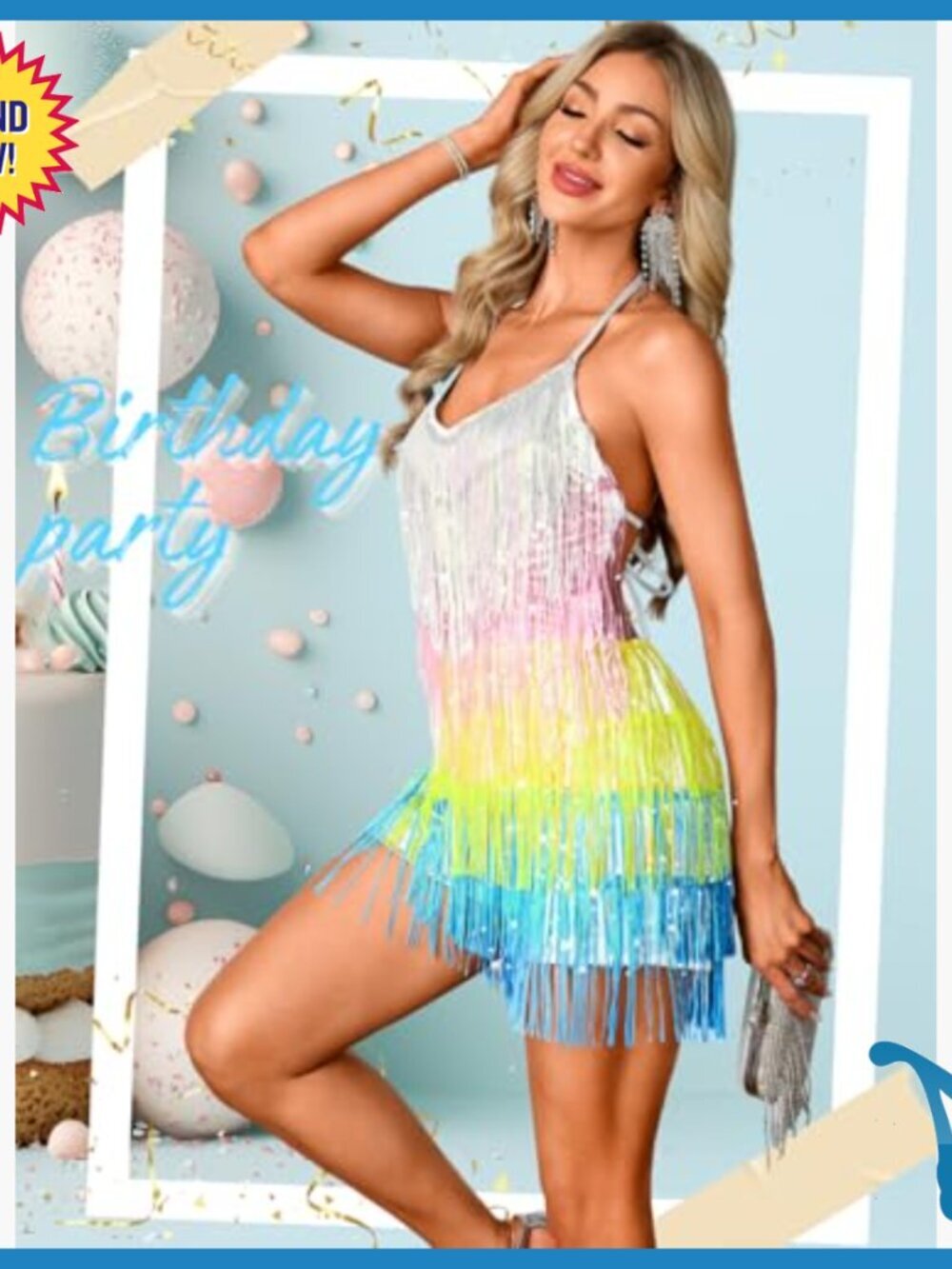 Sequin Fringe Romper, Open Back Halter Jumpsuit for Rave Festival - Picture 4 of 7